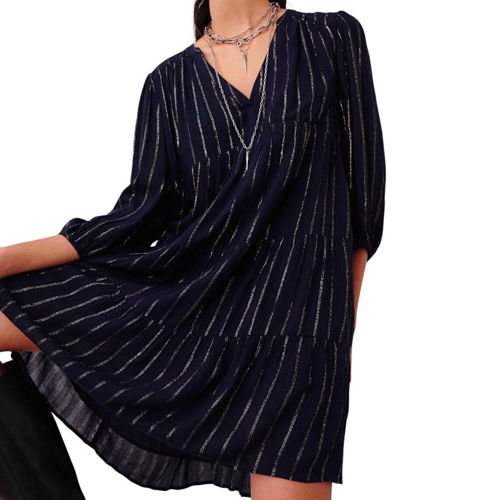 Ba&sh Poya Navy Blue Gold Metallic Stripe Tiered Short Dress Womens Size 2